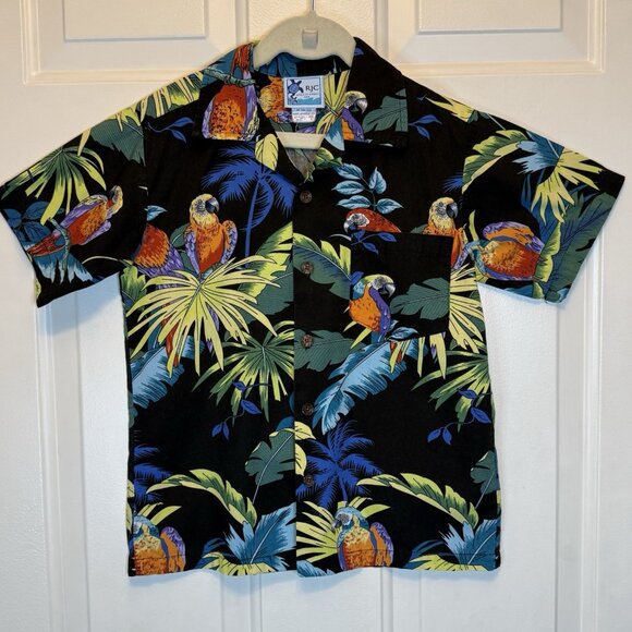 Vintage RJC Parrot Print YOUTH Sz 8 Button Up Hawaiian Tropical Shirt Made USA - Picture 1 of 11